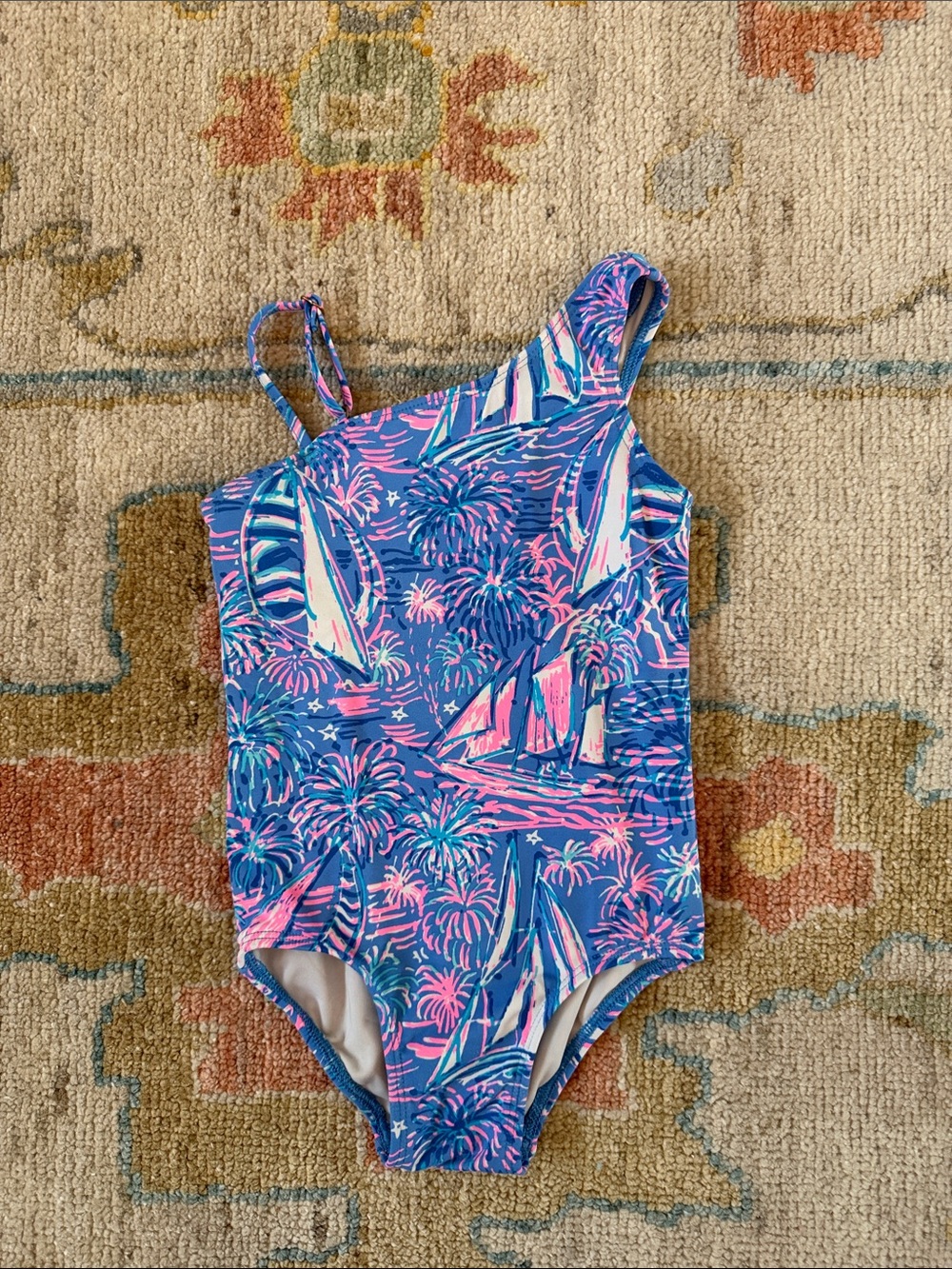 Lilly Pulitzer Blue & Pink One-Shoulder Sailboat Kids Swimsuit